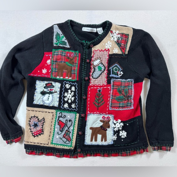 Victoria Jones Woman Sweaters - Victoria Jones Vintage Grandmacore Christmas Sweater Cardigan Patchwork Plaid L